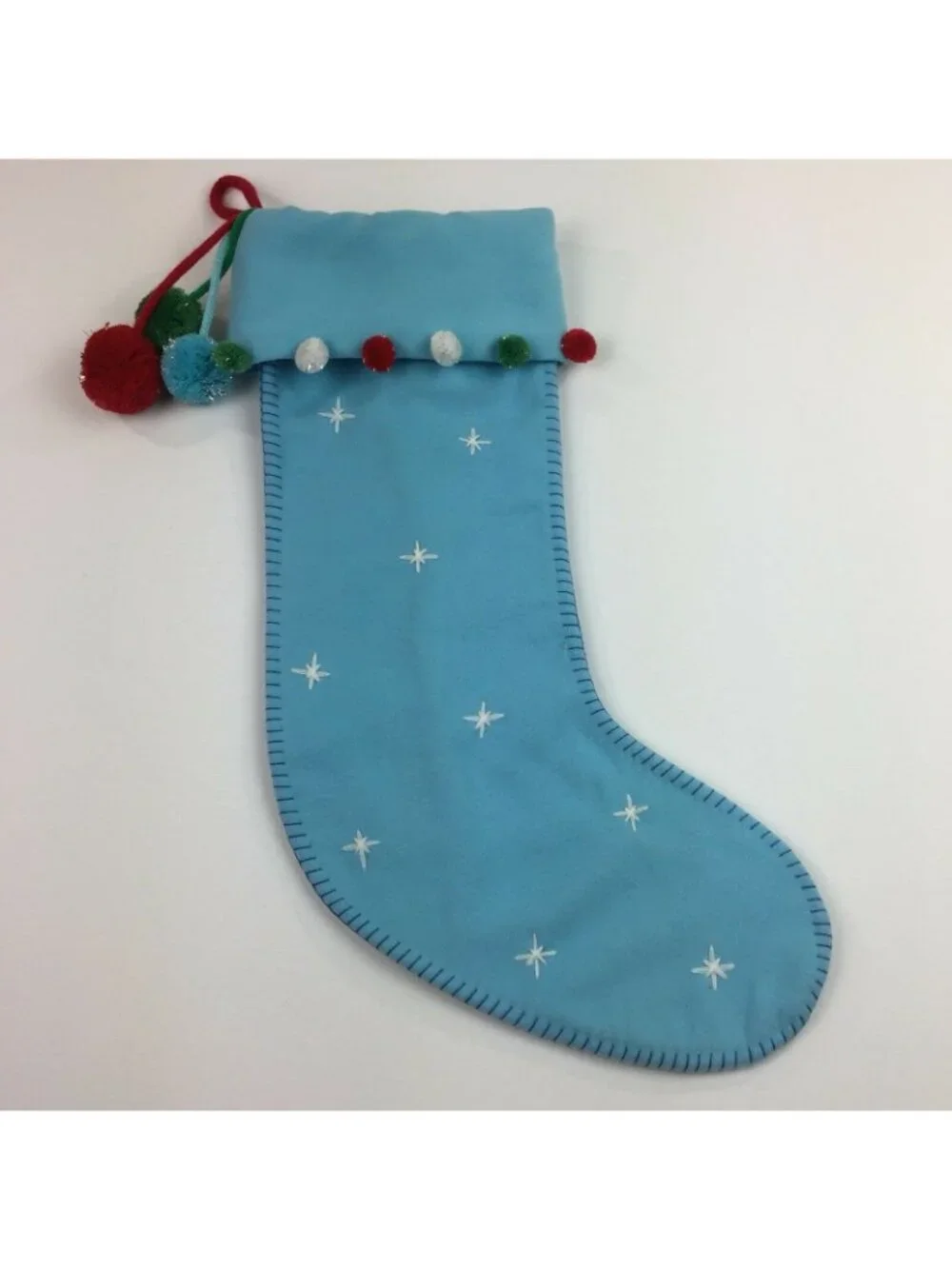 Light Blue Christmas Stocking Pom Poms Embroidered Stars Red Green White Tassel